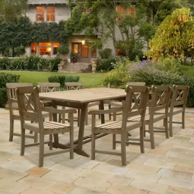 Vifah Modern Patio Renaissance Rectangular Extension Table and Armchair Outdoor Hand-scraped Hardwood Dining Set