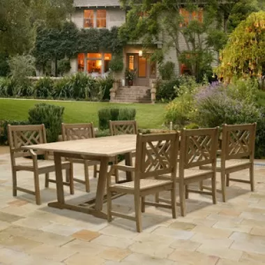 Vifah Modern Patio Renaissance Rectangular Extension Table and Armchair Outdoor Hand-scraped Hardwood Dining Set