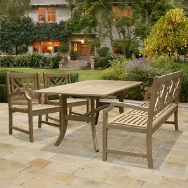Vifah Modern Patio Renaissance Rectangular Table - Bench- Armchair Outdoor Hand-scraped Hardwood Dining Set