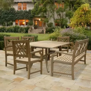 Vifah Modern Patio Renaissance Rectangular Table and Armchair Outdoor Hand-scraped Hardwood Dining Set