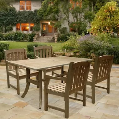 Vifah Modern Patio Renaissance Rectangular Table and Armchair Outdoor Hand-scraped Hardwood Dining Set