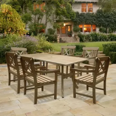 Vifah Modern Patio Renaissance Rectangular Table and Armchair Outdoor Hand-scraped Hardwood Dining Set