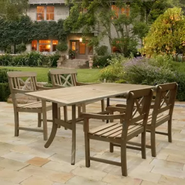 Vifah Modern Patio Renaissance Rectangular Table and Armchair Outdoor Hand-scraped Hardwood Dining Set