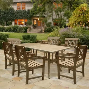 Vifah Modern Patio Renaissance Rectangular Table and Armchair Outdoor Hand-scraped Hardwood Dining Set