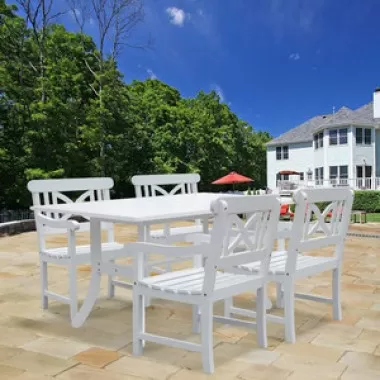 Vifah Modern Patio Bradley Rectangular Extension Table and Armchair Outdoor Wood Dining Set