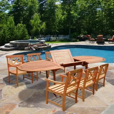 Vifah Oval Extension Table & Wood Armchair Outdoor Dining Set