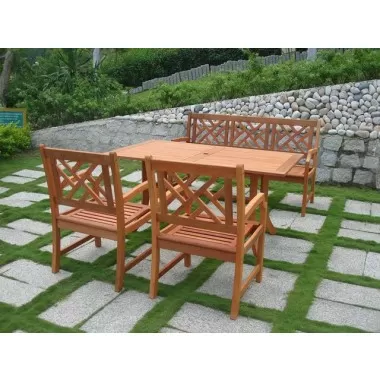 Vifah Modern Patio Outdoor Eucalyptus Wood Dining Set with Design Back Bench 2 Chairs and Patio Dining Table