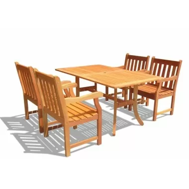 Vifah Modern Patio Eucalyptus Wood Outdoor Rectangular Curvy Dining Set and 4 Dining Chairs