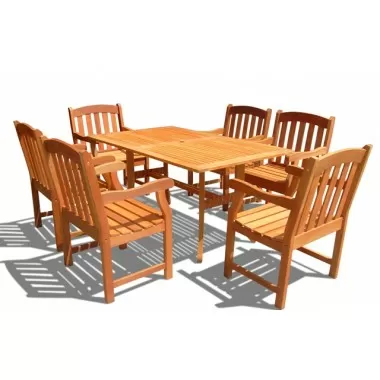 Vifah Modern Patio Eucalyptus Wood Outdoor Rectangular Curvy Dining Set with 6 Slatted Back Dining Chairs with Curved Top and Patio Table