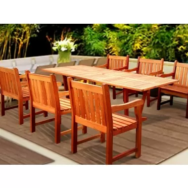 Vifah Modern Patio 7-Piece English Garden Eucalyptus Wood Dining Set with Rectangular Extension Table and 6 Dining Chairs