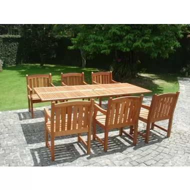 Vifah Modern Patio 7-Piece English Garden Eucalyptus Dining Set with Rectangular Extension Table and 6 Curved Top Dining Chairs