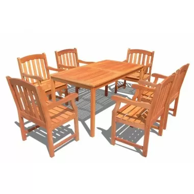 Vifah Modern Patio Outdoor Wood English Garden Dining Set with 6 Curved Top Slatted Back Dining Chairs and Table