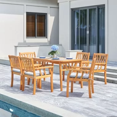 Vifah Kapalua Honey Nautical 7-Piece Wooden Outdoor Dining Set, Front Angle