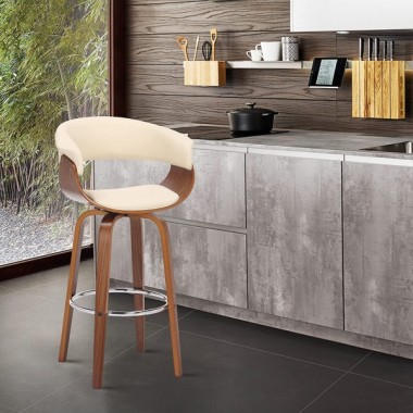 Armen Living Julyssa Swivel Cream Faux Leather and Walnut Wood Bar Stool