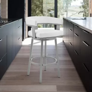 Armen Living Lorin Swivel Counter Stool In Silver Finish With White Faux Leather 