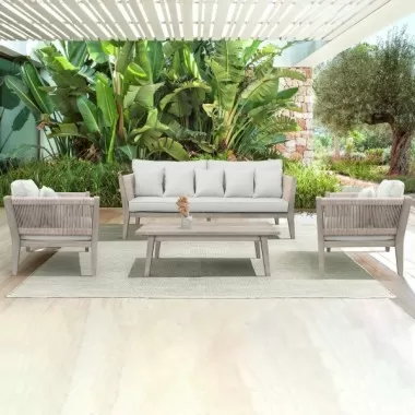 Armen Living Condesa 4 Piece Outdoor Patio Furniture Set in Acacia Wood and Rope Gray