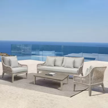 Armen Living Hawaii 4 Piece Outdoor Patio Furniture Set in Acacia Wood and Rope with Grey Cushions