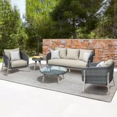 Armen Living Pismo 5-Piece Outdoor Patio Furniture Set in Acacia Wood and Wicker with Taupe Cushions