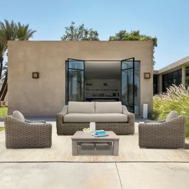 Armen Living Verano 4 Piece Outdoor Patio Furniture Set in Wicker and Acacia Wood with Taupe Cushions