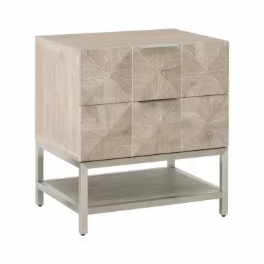 Essentials For Living Atlas 2-Drawer Nightstand - Natural Gray Acacia, Brushed Stainless Steel - Front Side Angle