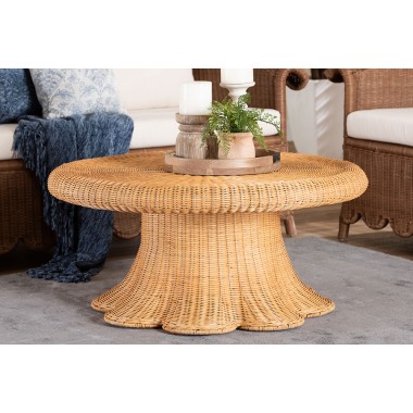 Baxton Studio bali & pari Avalon Natural Rattan Round Coffee Table with Scalloped Pedestal Base – Coastal Boho Wicker Accent Table for Living Room or Sunroom - Lifestyle
