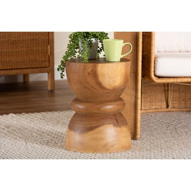 Baxton Studio bali & pari Bancroft Solid Suar Wood Side Table - Handcrafted Sculptural End Table with Hourglass Design, Modern Boho Style for Living Room or Bedroom - Lifestyle
