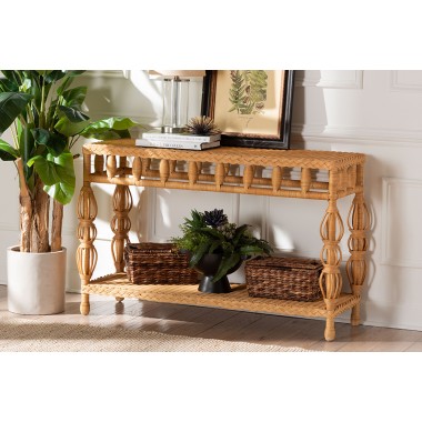 bali & pari Dolby Natural Rattan Console Table - Handwoven Wicker Accent Table with Openwork Design and Lower Shelf, Coastal Boho Style for Entryway or Living Room - Lifestyle