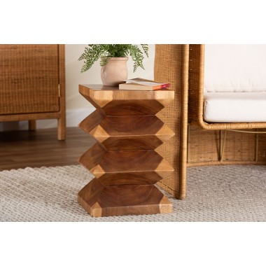bali & pari Malati Solid Suar Wood Side Table - Hand-Carved Sculptural End Table with Zigzag Design, Modern Boho Style for Living Room or Bedroom - Lifestyle 2