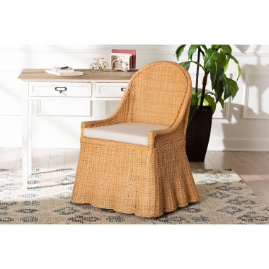 bali & pari Maya Natural Rattan Accent Chair - Hand Woven Wicker Dining Chair with Scalloped Skirt and Cushion, Coastal Boho Style Seating for Dining or Living Room, Light Honey - Lifestyle