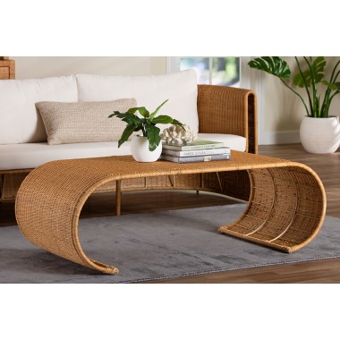 bali & pari Palm Waterfall Natural Rattan Coffee Table - Handwoven Wicker Centerpiece with Curved Silhouette for Boho, Coastal, or Tropical Living Room and Lounge Area - Lifestyle