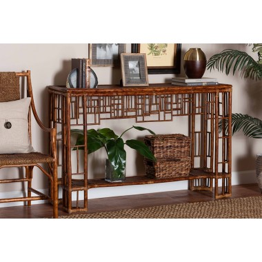 bali & pari Tahlia Marbled Tortoise Natural Rattan Console Table - lifestyle