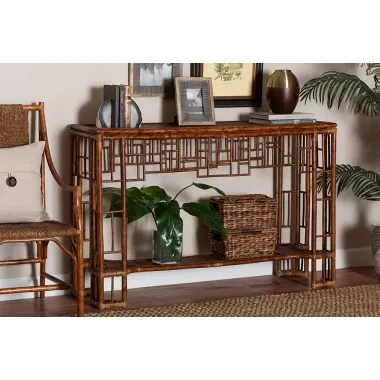 bali & pari Tahlia Marbled Tortoise Natural Rattan Console Table - lifestyle