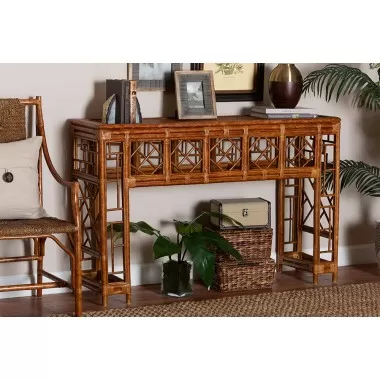 bali & pari Wahid Marbled Tortoise Natural Rattan Console Table - lifestyle