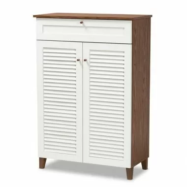 Baxton Studio Coolidge White Walnut 5 Shelf Shoe Storage Cabinet with Drawer