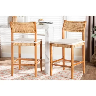 Baxton Studio bali & pari Chatura Natural Rattan and Mahogany Wood 2-Piece Counter Stool Set - lifestyle