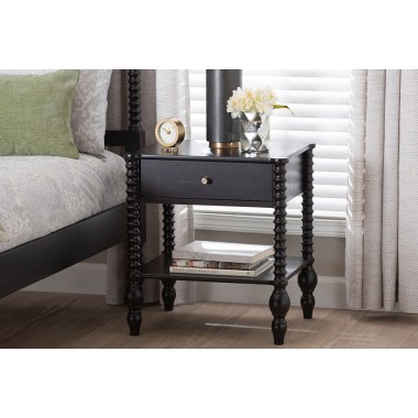Baxton Studio Callison Spindle 1-Drawer Nightstand in Black - lifestyle