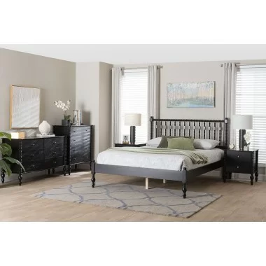 Baxton Studio Callison Spindle Full 5-Piece Bedroom Set with two nightstands and chest in Black - lifestyle