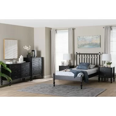 Baxton Studio Callison Spindle Twin 5-Piece Bedroom Set with two nightstands and chest in Black - lifestyle