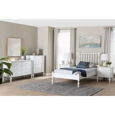 Baxton Studio Callison Spindle Twin 5-Piece Bedroom Set with two nightstands and chest in White - lifestyle