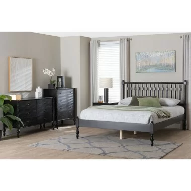 Baxton Studio Denita Spindle Queen 4-Piece Bedroom Set in Black - 