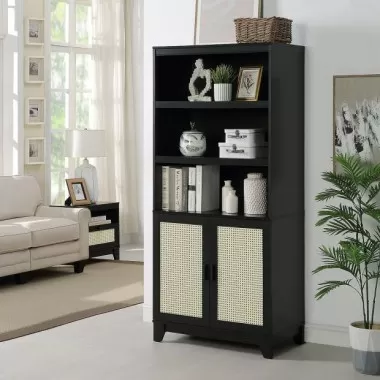 Manhattan Comfort Sheridan Modern Cane Bookcase with Adjustable Shelves Black