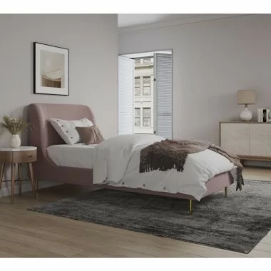 Manhattan Comfort Heather Velvet Twin Bed in Cream with Black Legs