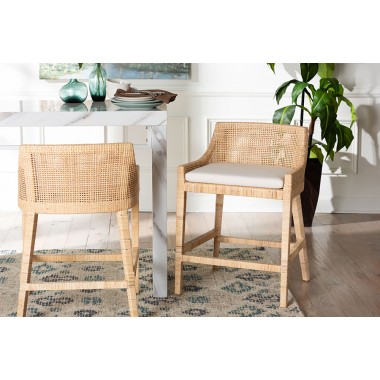 bali & pari Beata Natural Rattan Counter Stool - Handcrafted Wingback Counter Chair with Woven Detailing and Removable Cushion, Coastal Boho Style Seating for Kitchen Island or Dining Area - Lifestyle