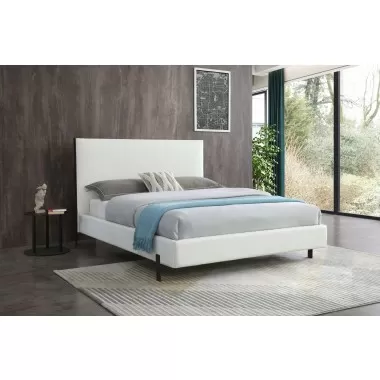 Whiteline Modern Living Hollywood Queen Bed In Fully Upholstered White Faux Leather And Wood Grain Cold Rolled Steel Legs - Lifestyle