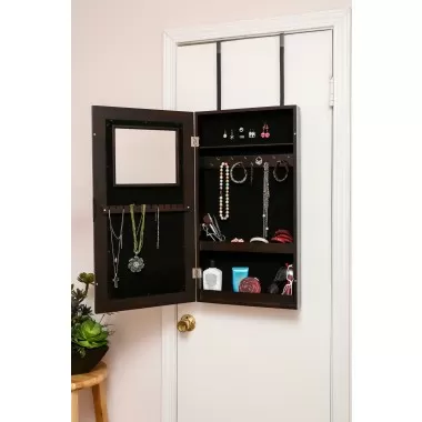 Modern Wall-Hanged Mirror Jewelry Cabinet Storage Armoire Esspresso - Opened