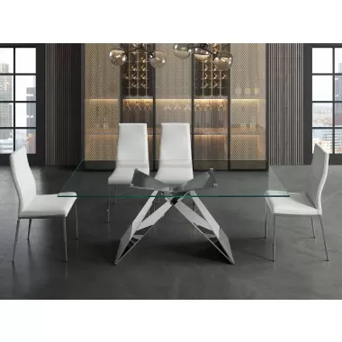 EIFFEL Clear Temp. Glass / Polished Stainless Steel Dining Table - Front - Lifestyle