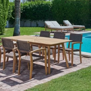 Clairene Teak Outdoor Dining Stacking Armchair (Set of 4) - Lifestyle