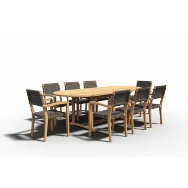 Hi Teak Furniture Amelie Oval Teak Outdoor Dining Table with Built-In Extension - With Dining Set