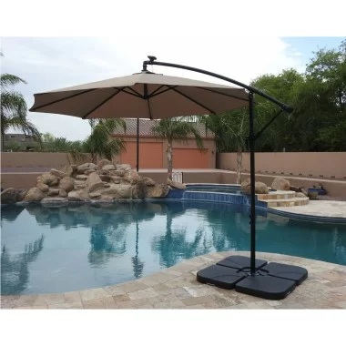 AZ Patio Heaters Offset Cantilever Umbrella with LED Lights in Tan with Cantilever Umbrella Base Set - Lifestyle
