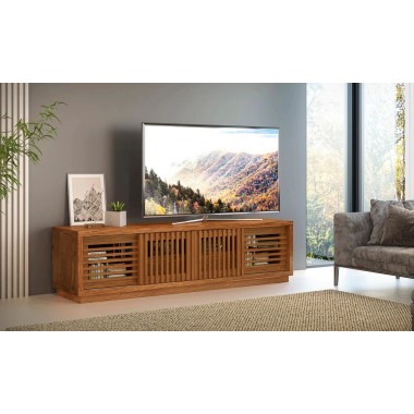 Furnitech 82" Contemporary Rustic TV Stand Media Console for Flat Screen and Audio Video Installations in American Red Oak with a Matte Honey Finish - Lifestyle